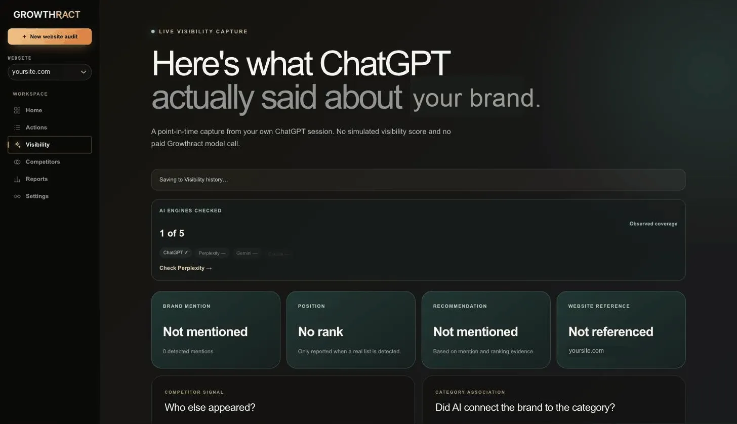 Clicking to run a Companion capture and the real ChatGPT response coming back as a structured AI visibility observation.