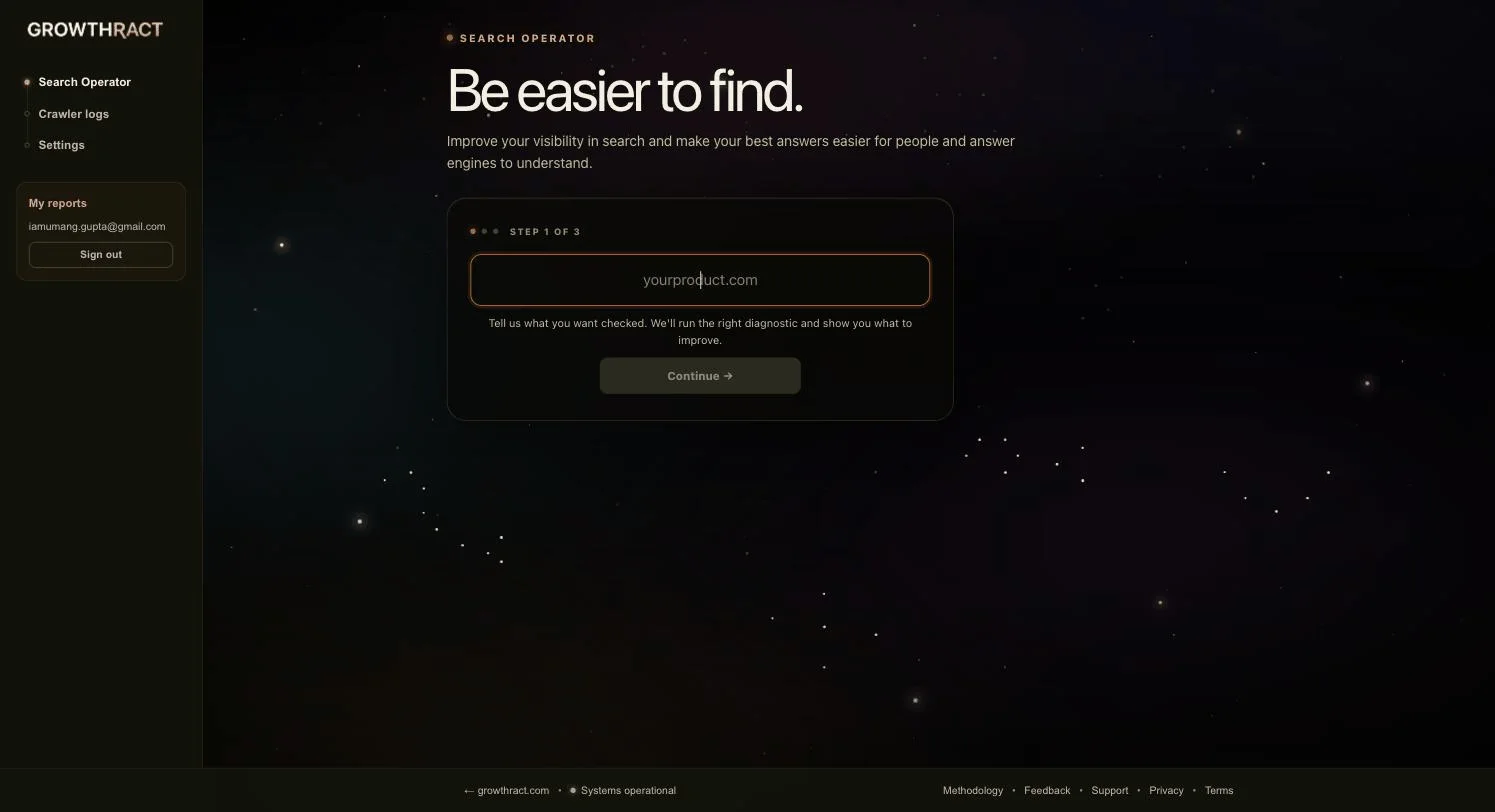Search Operator interface showing a real Growthract website analysis