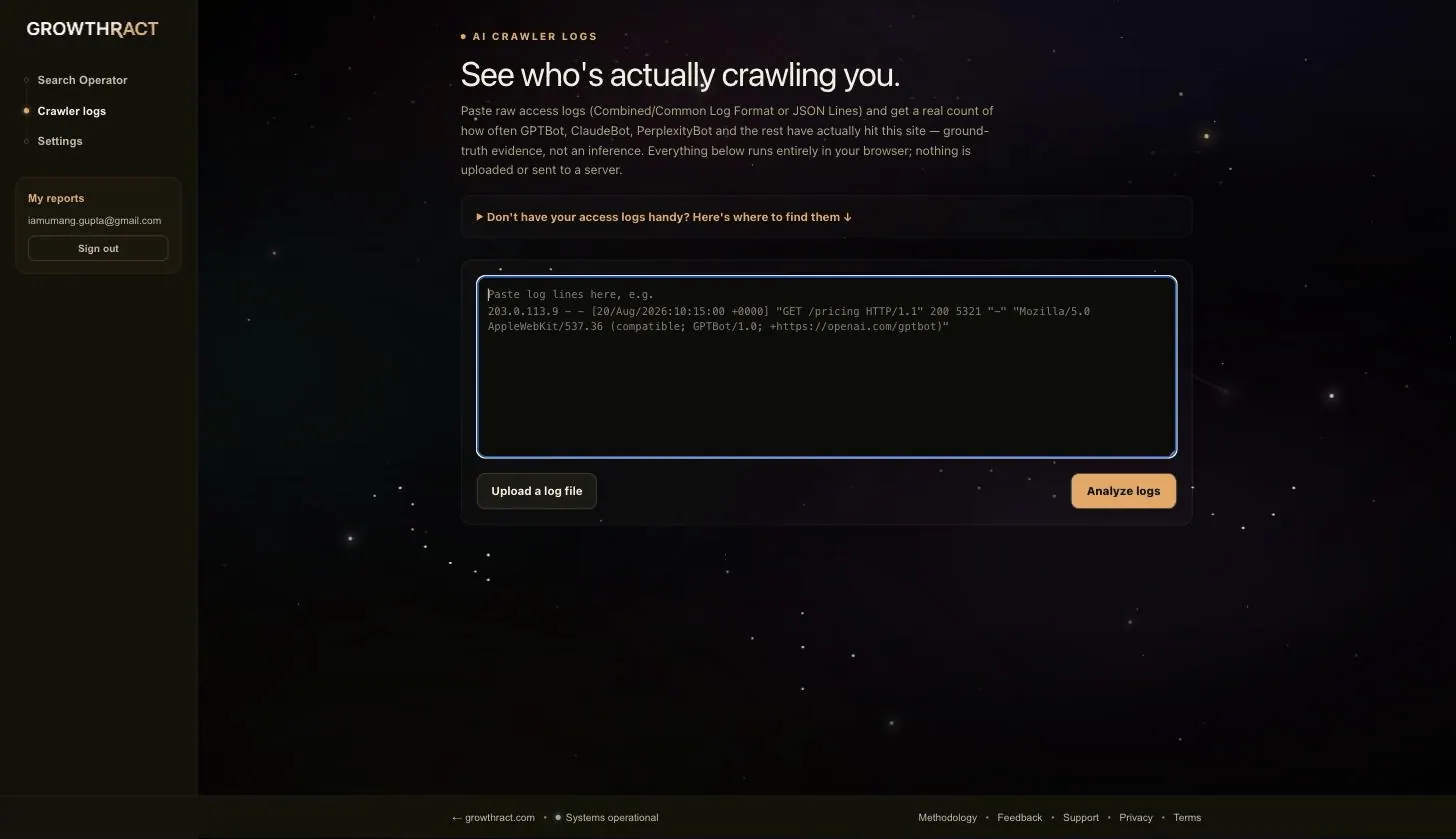 Crawler Logs analyzer showing pasted server log lines followed by recognized AI crawler activity.